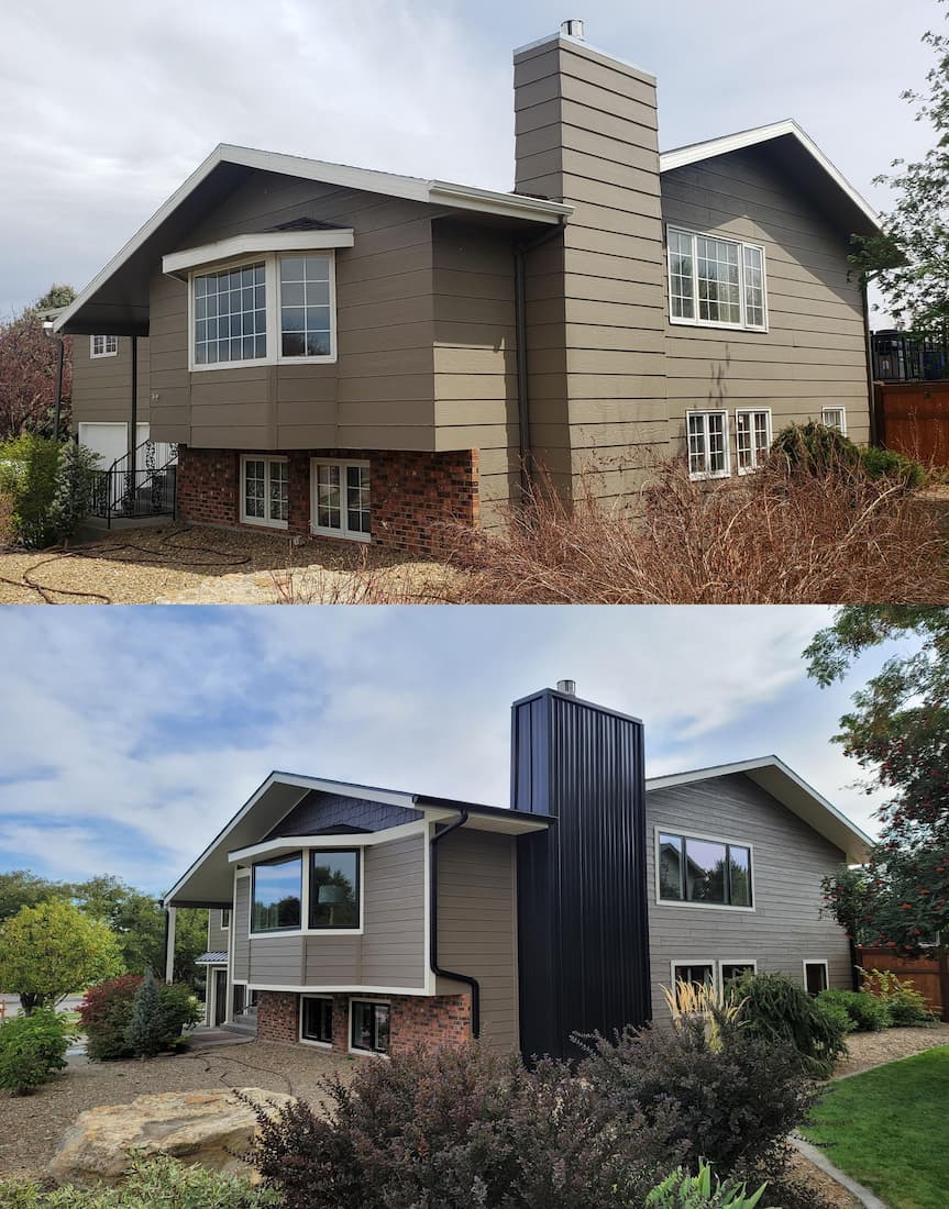 James Hardie fiber cement siding installation before and after transformation by Peakline Roofing & Exteriors in Calgary