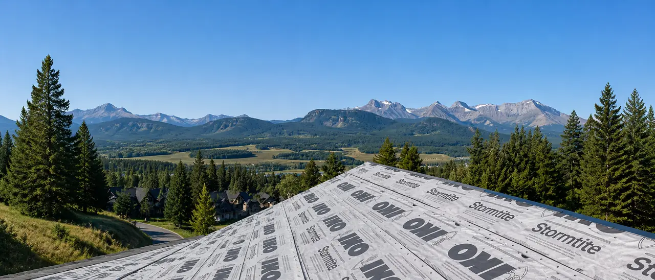 A new Peakline Roofing underlayment install on a Calgary home overlooking the Rocky Mountains