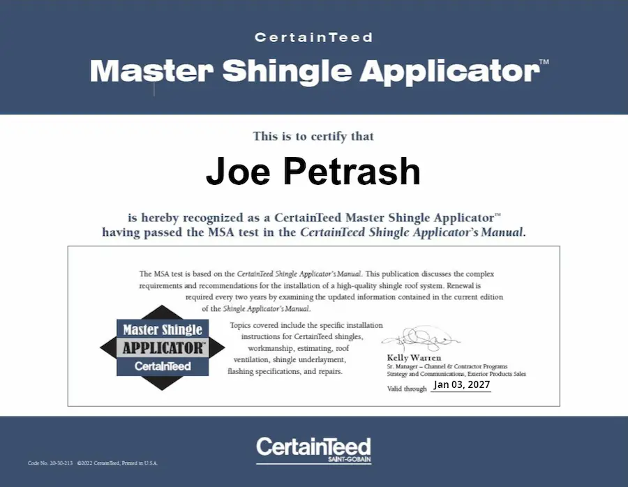 Joe Petrash - CertainTeed Master Shingle Applicator Certificate
