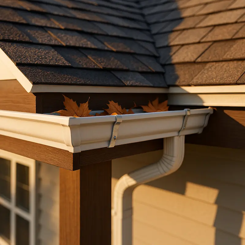 Seamless aluminum eavestrough and downspout on a Calgary home, installed by Peakline Roofing & Exteriors